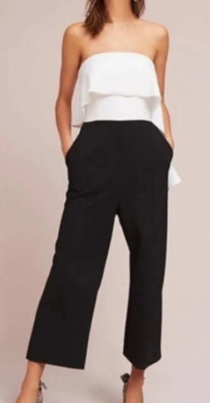 Anthropologie Donna Morgan Strapless Ruffle Jumpsuit Crop Pockets Black White 6